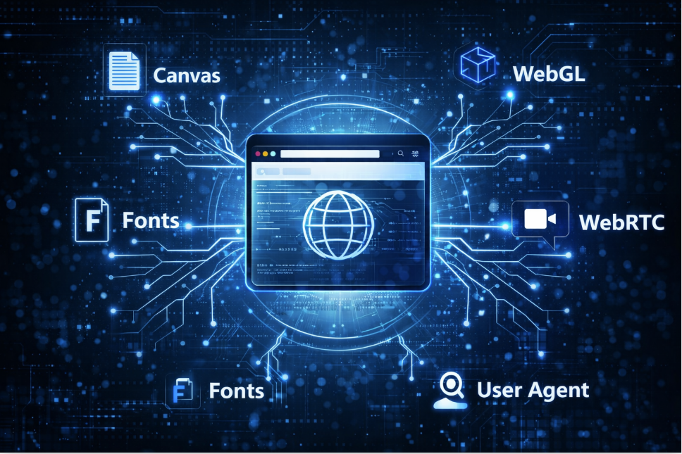 Sơ đồ các thành phần kỹ thuật cấu thành Browser Fingerprinting định danh người dùng 2026