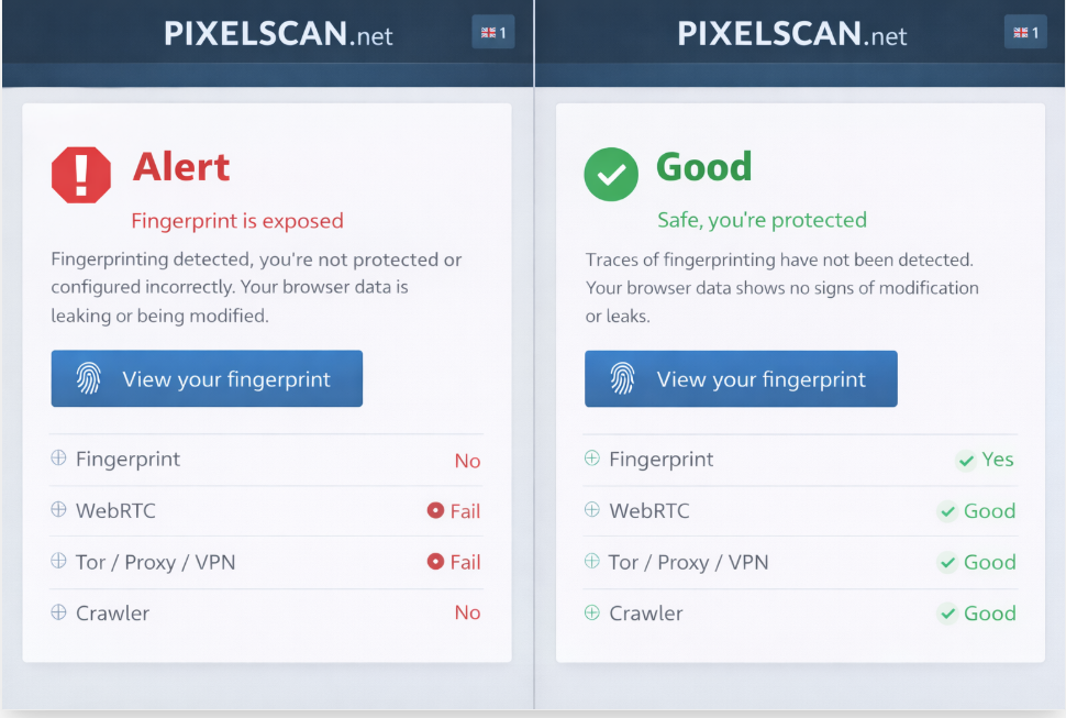 So sánh dữ liệu trình duyệt thật và dữ liệu đã được fake qua Antidetect Browser kết hợp Proxy Cloudproxy