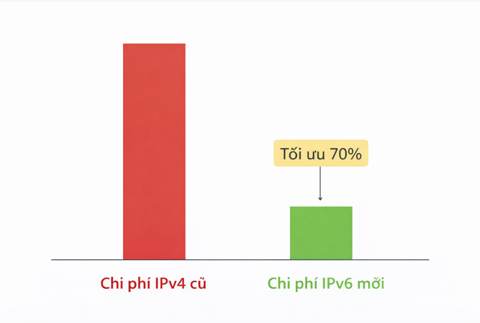 Biểu đồ minh họa kết quả tối ưu 70% chi phí nuôi nick TikTok nhờ chuyển dịch hạ tầng sang Proxy IPv6 dân cư